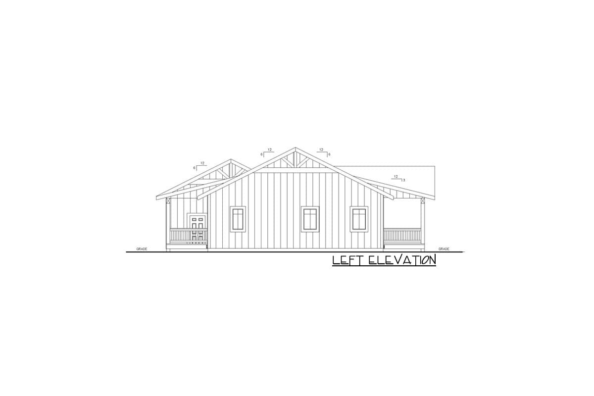 Left elevation house plan drawing showing a single-story home with gabled roof, front porch, and three windows.