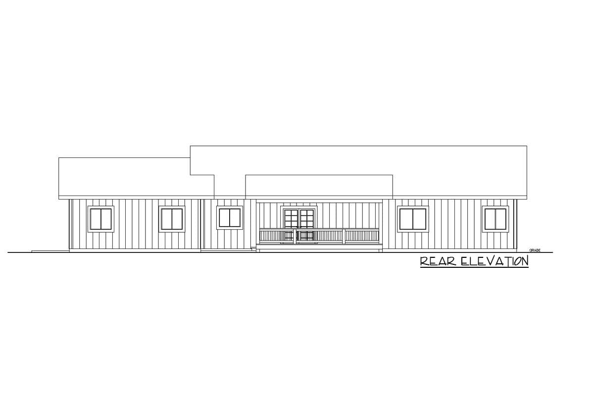 Rear elevation drawing of a house plan with vertical siding, windows, and a covered porch with double doors.