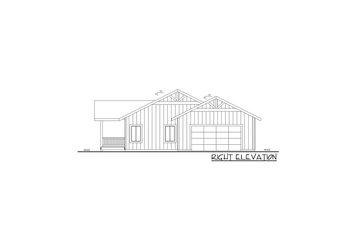 House plan right elevation showing a single-story home with a covered porch, gable roof, and attached garage.