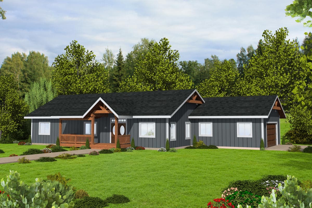 House plan exterior. Single-story Ranch style home with a front porch, gables, and an attached garage. Features include a dark roof and siding.