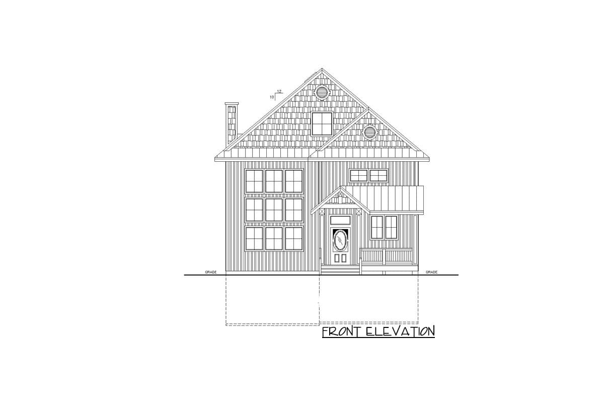 Front elevation drawing of a two-story house with a covered front porch, multiple gables, and a prominent chimney.