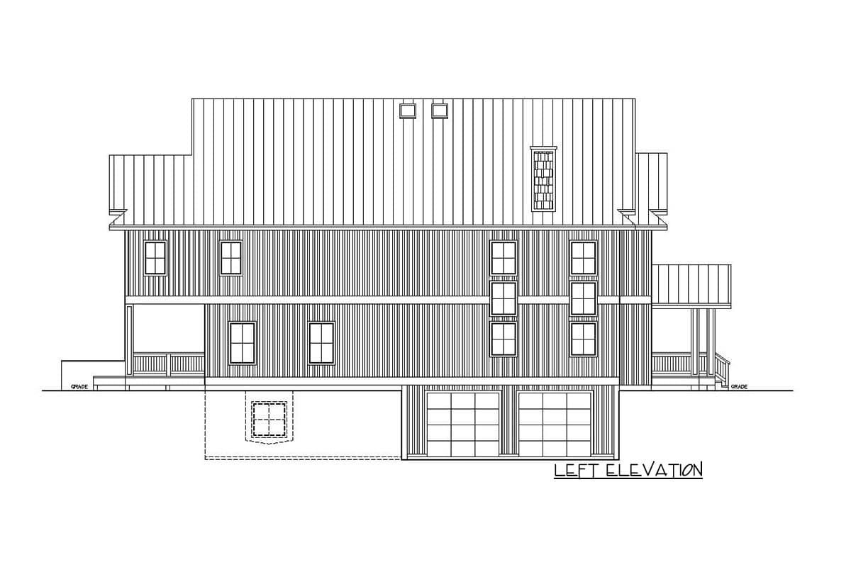 Left elevation house plan drawing showing a two-story home with a metal roof, dormers, porch, and a three-car garage.