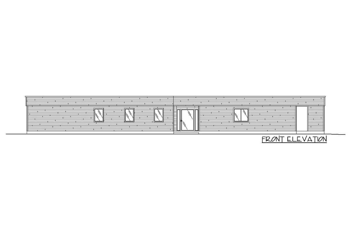 Front elevation drawing of a single-story house with horizontal siding, glass entry door, and multiple windows.