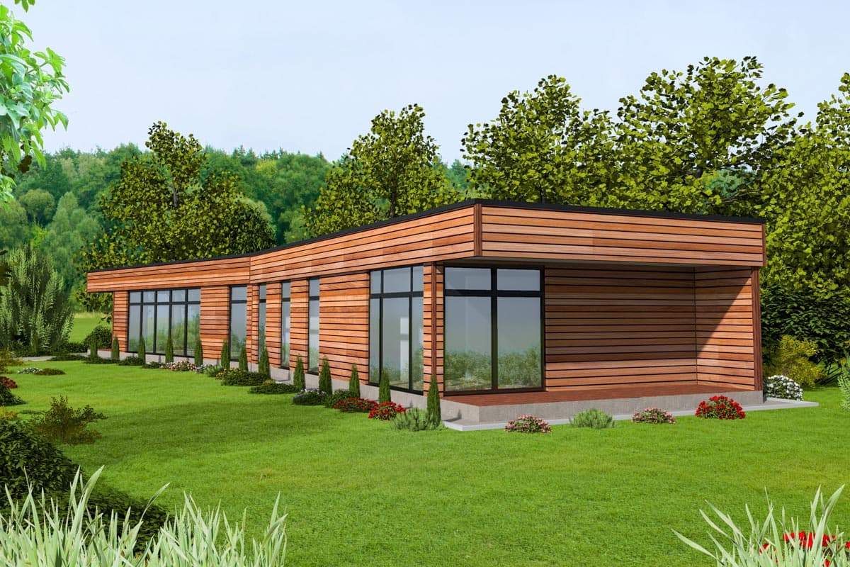 House plan exterior. Modern style, single-story home with large windows, flat roof, and covered porch.