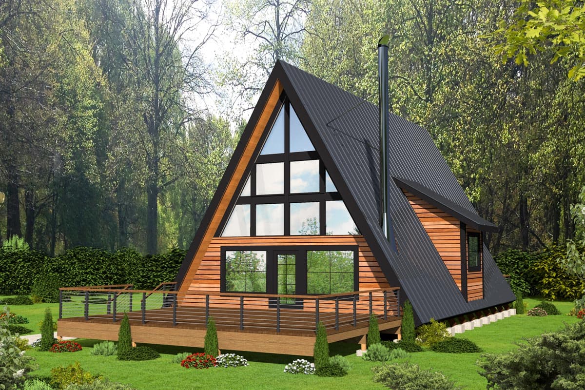 House plan exterior. A-frame design with a two-story gable, a large glass window wall, and a raised wooden deck with railings.