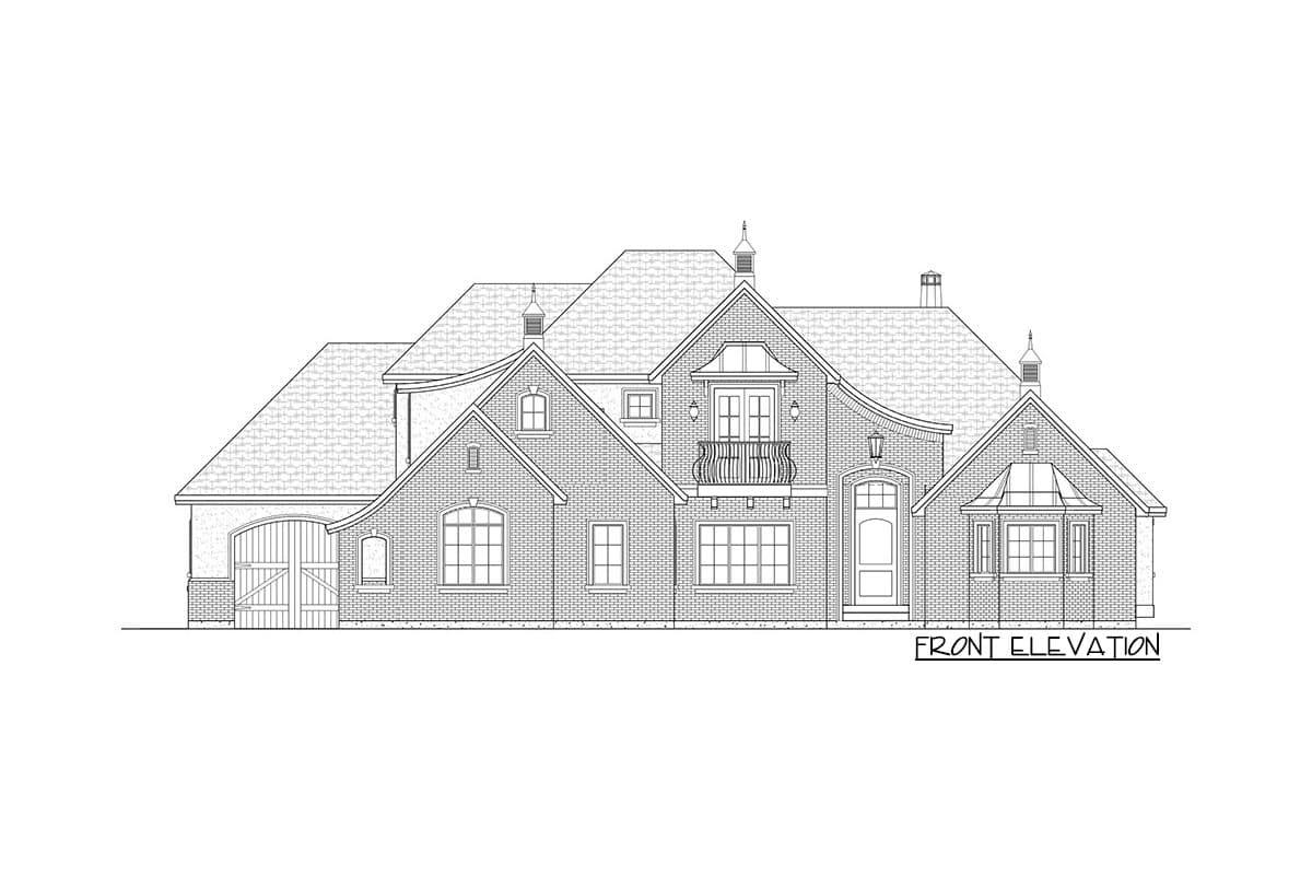 Front elevation house plan drawing with gabled dormers, a Juliet balcony, and a carriage garage door.