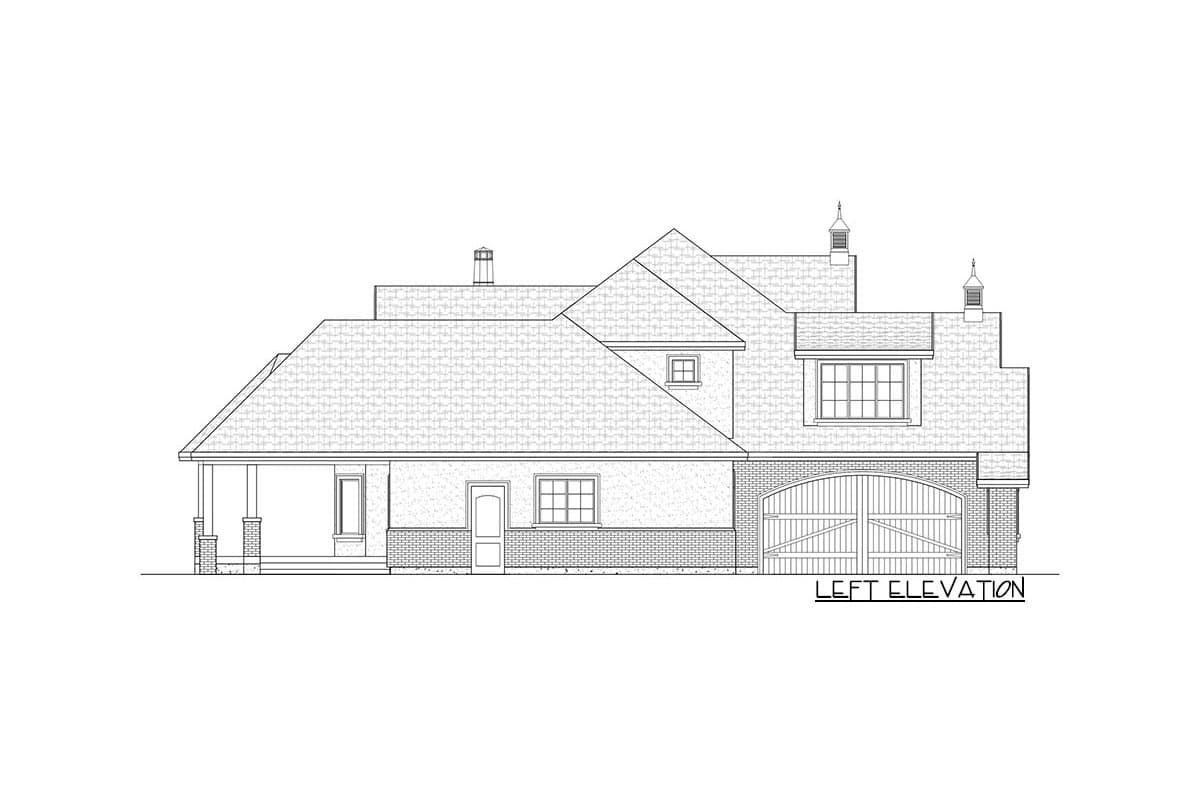 Left elevation house plan showing a multi-story structure with a covered porch, gables, dormers, and a large garage door.