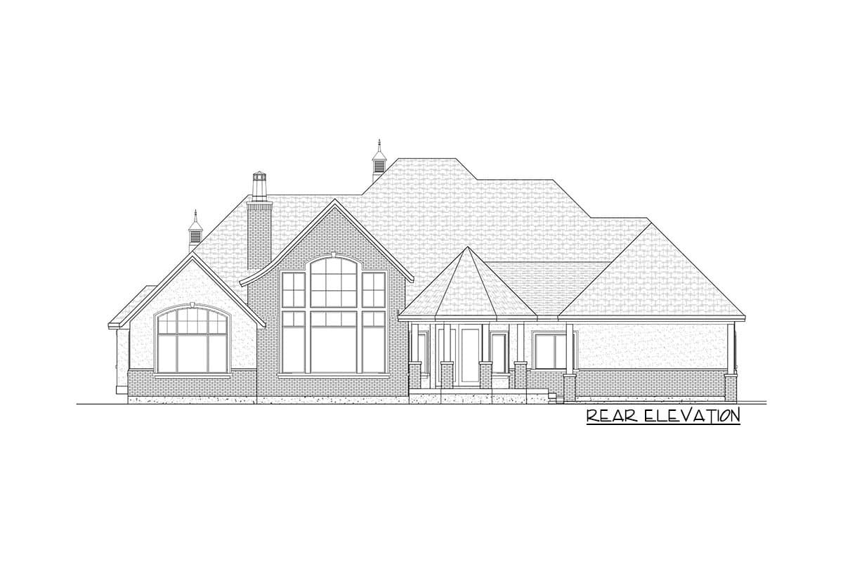 Rear elevation house plan showing a one-story home with multiple gables, arched windows, a prominent chimney, and a covered porch.