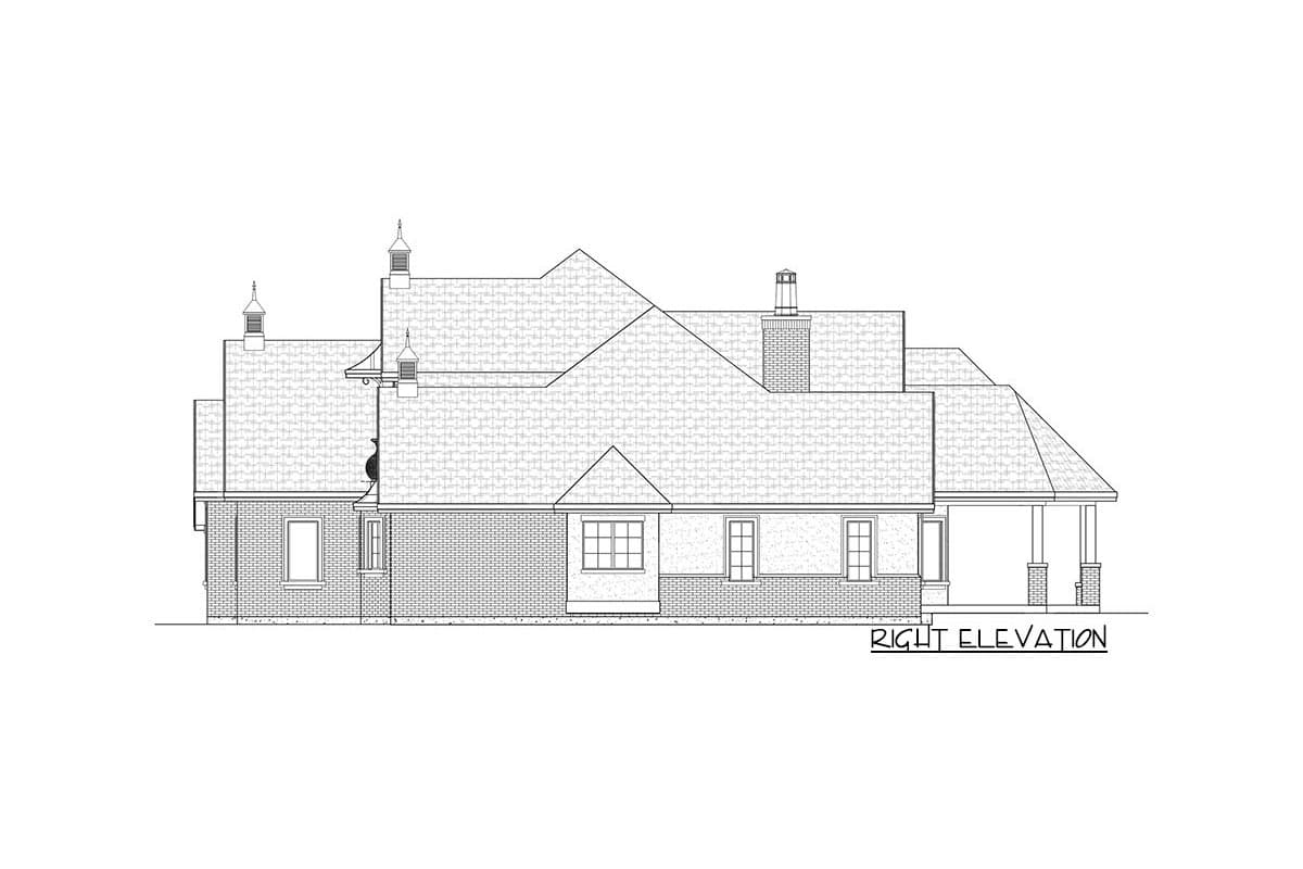 Right elevation drawing of a house plan featuring brick exterior, multiple gables, dormers, and a covered porch.