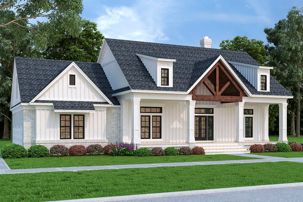 Modern Farmhouse house plan exterior with two stories, gables, dormers, decorative truss entrance, and brick accents.