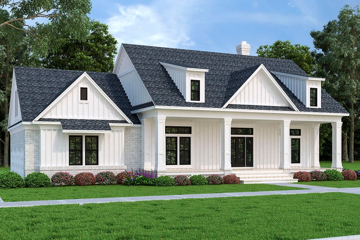 House plan exterior: Modern Farmhouse style, two stories, white board and batten siding, brick base, prominent gable, dormers, and covered porch.