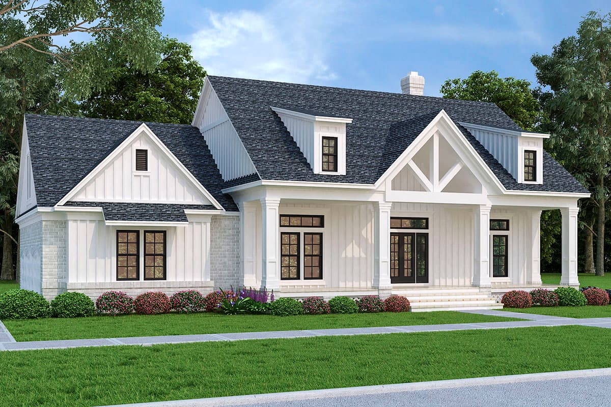 House plan exterior. Two-story Modern Farmhouse with gabled roof, dormers, and a covered porch with supporting columns.