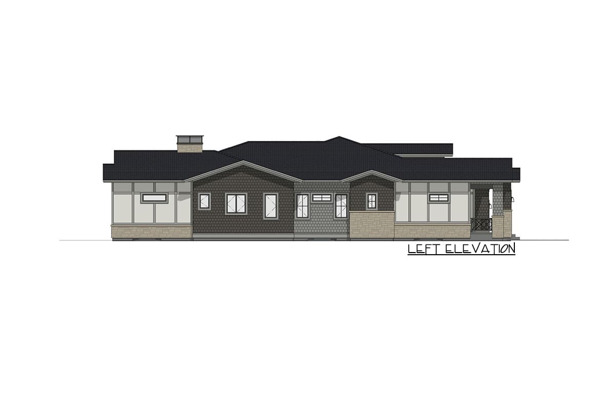 Left elevation of a single-story house plan featuring varied window styles, a chimney, and a covered porch with stone columns.