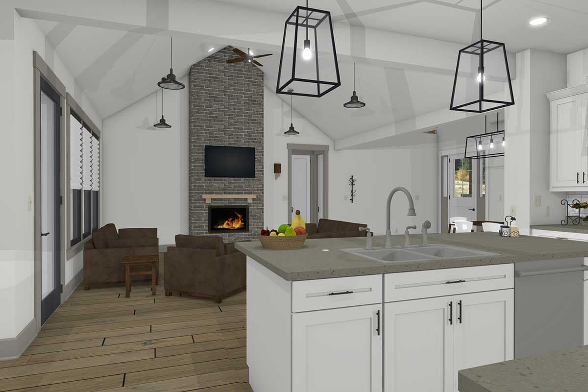 Interior rendering of a great room with vaulted ceiling, stone fireplace, and kitchen island with sink.