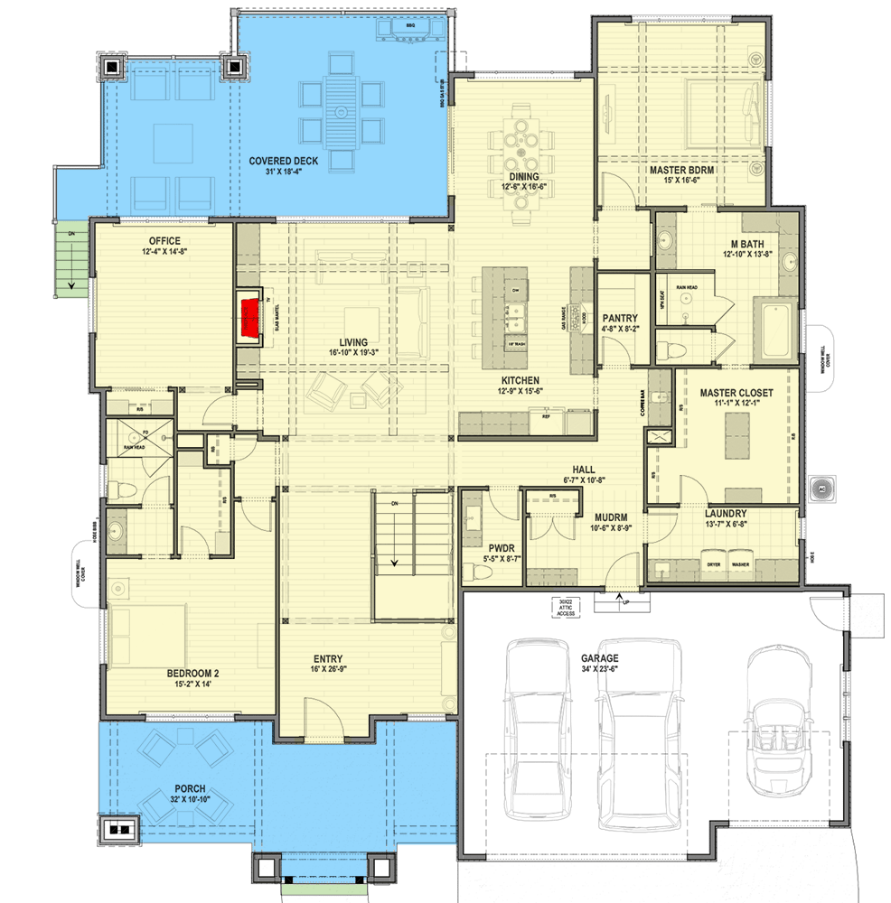 Plan 64510SC: Exclusive Mountain Ranch House Plan with Home Office and Covered Deck - Floor Plan - Main Level - Hill Country, Modern, Mountain, Prairie, Ranch