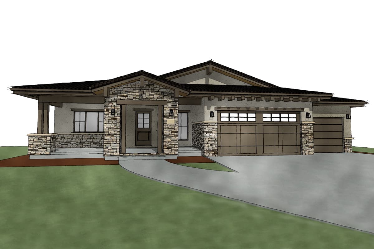 House plan exterior: Ranch style with covered front porch, stone accents, and a three-car garage.