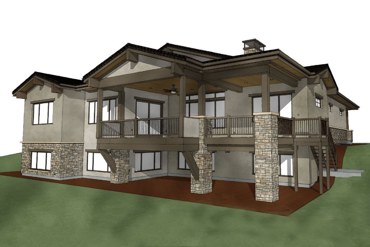 House plan exterior, a two-story design with stone accents, a covered deck, gables, and multiple rooflines.