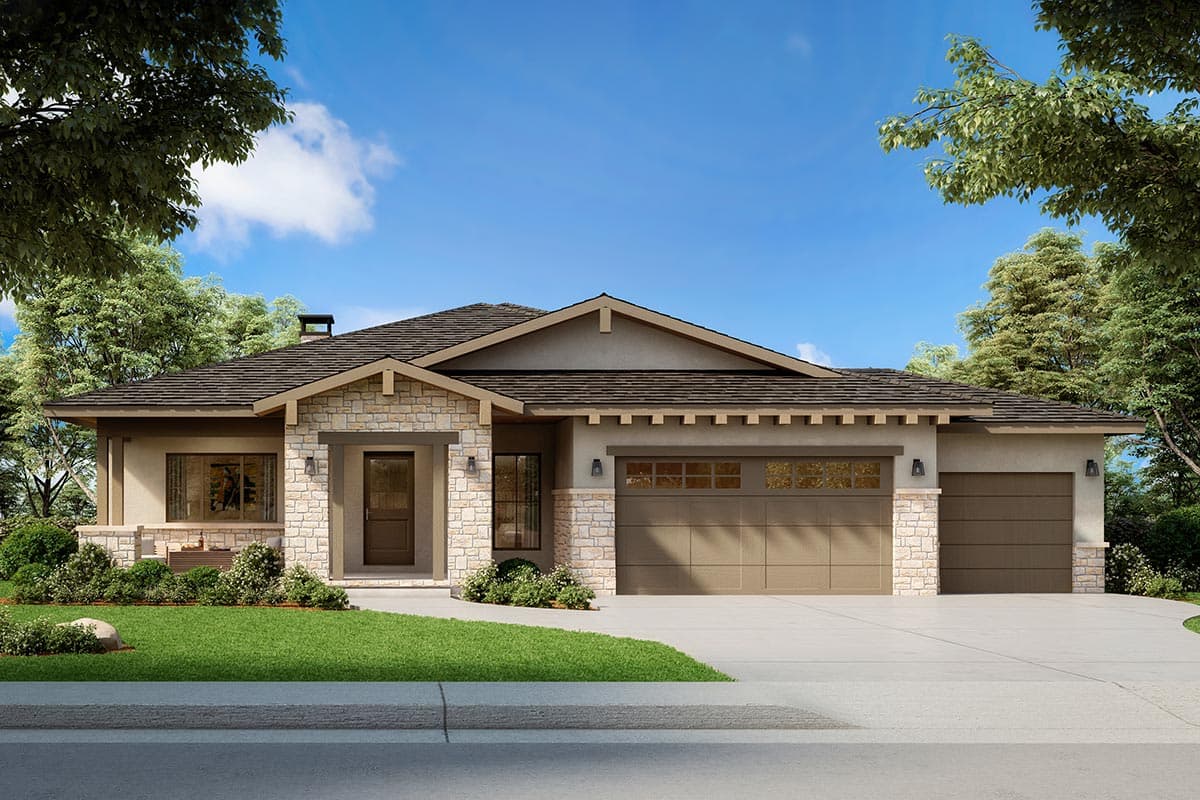 House plan exterior: Ranch style with stone accents, a covered entry, gable roofline, and a three-car garage.