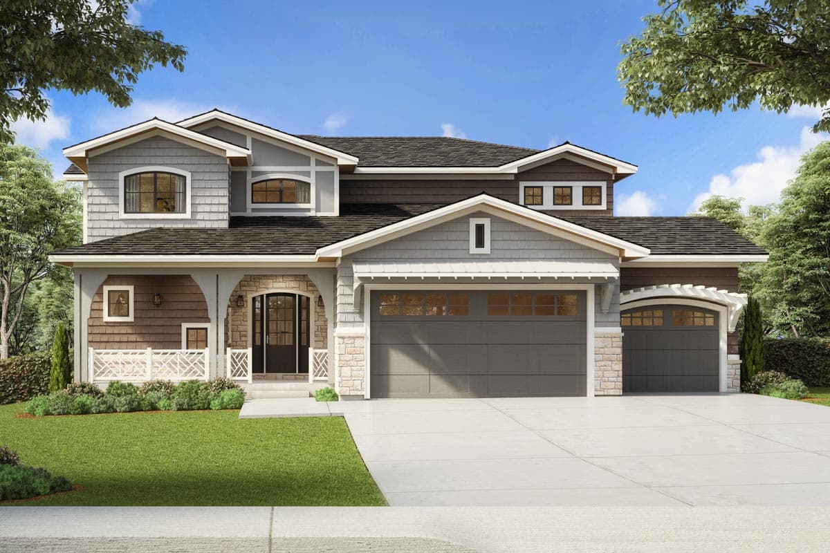 House plan exterior. Two-story Craftsman home with a front-facing, two-car garage, multiple gables, and a front porch with stone accents.