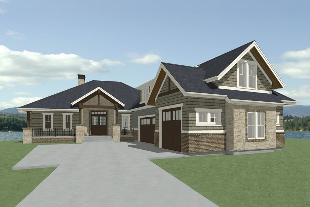 House plan exterior with a prominent gable over a triple garage, stone and shingle siding, and a covered entry porch.