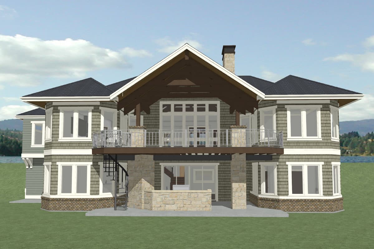 House plan exterior, two stories, multi-level roof, large upper deck with exposed rafters, and stone foundation.