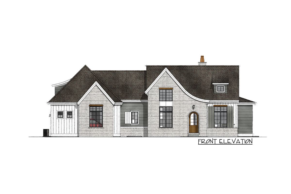 Front elevation drawing of a two-story house with brick and siding, gabled dormers, and arched entryway.