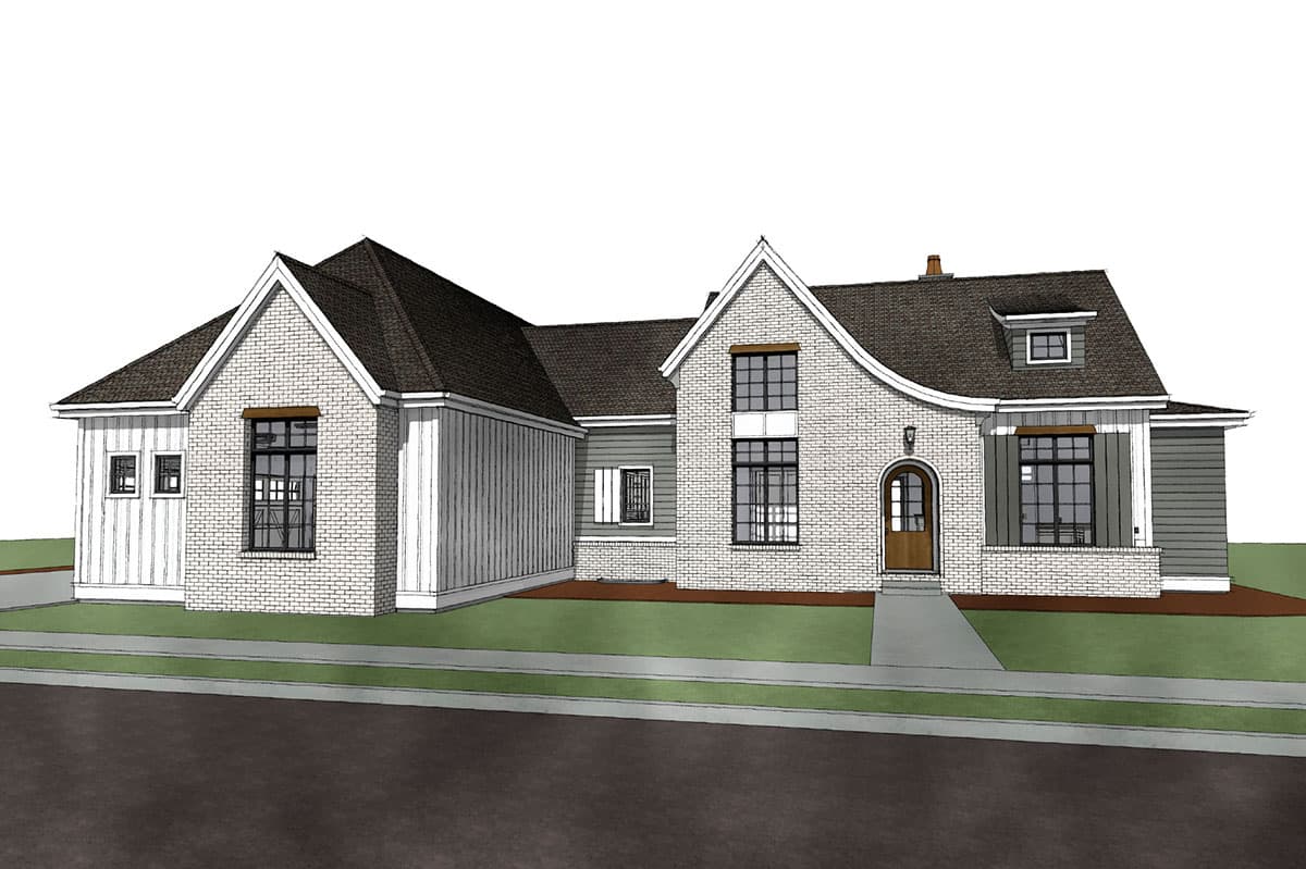 House plan exterior: one-story modern farmhouse with white brick, vertical siding, gables, and a covered entry.