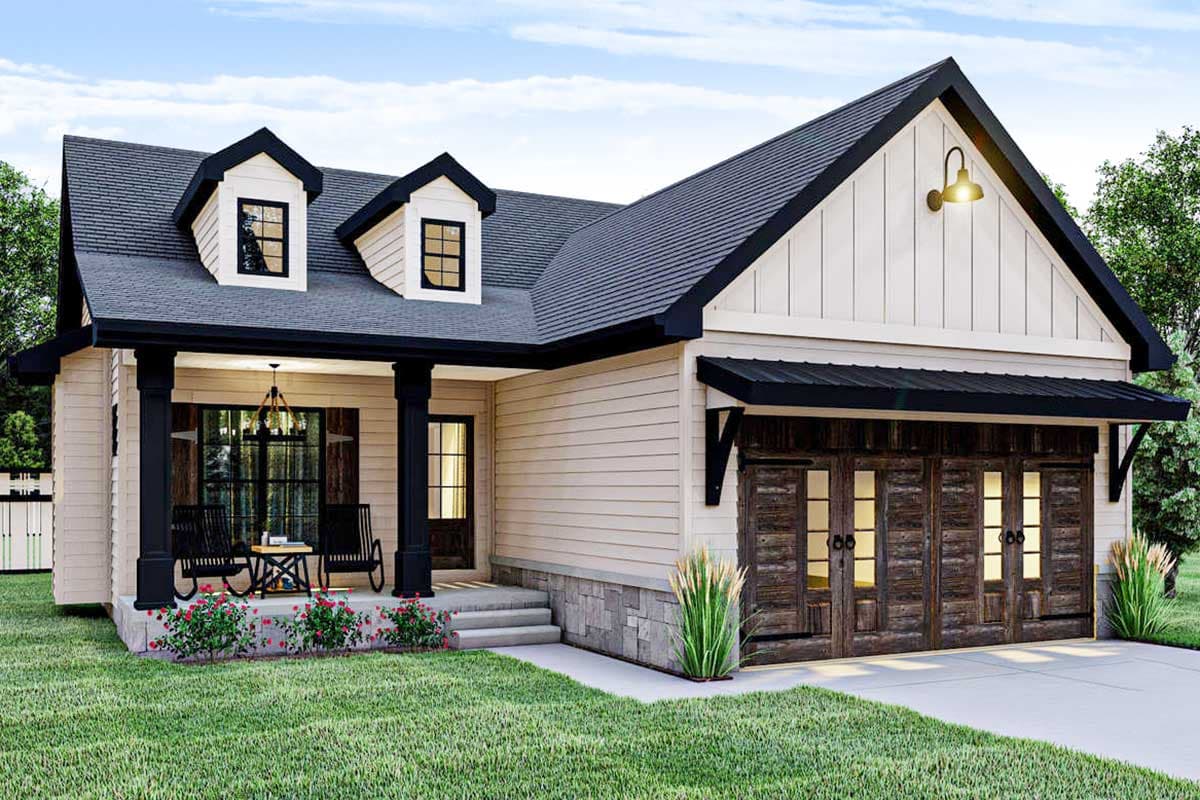 House plan exterior with two dormers, Craftsman style porch with columns, and a garage with a contrasting roofline and awning.
