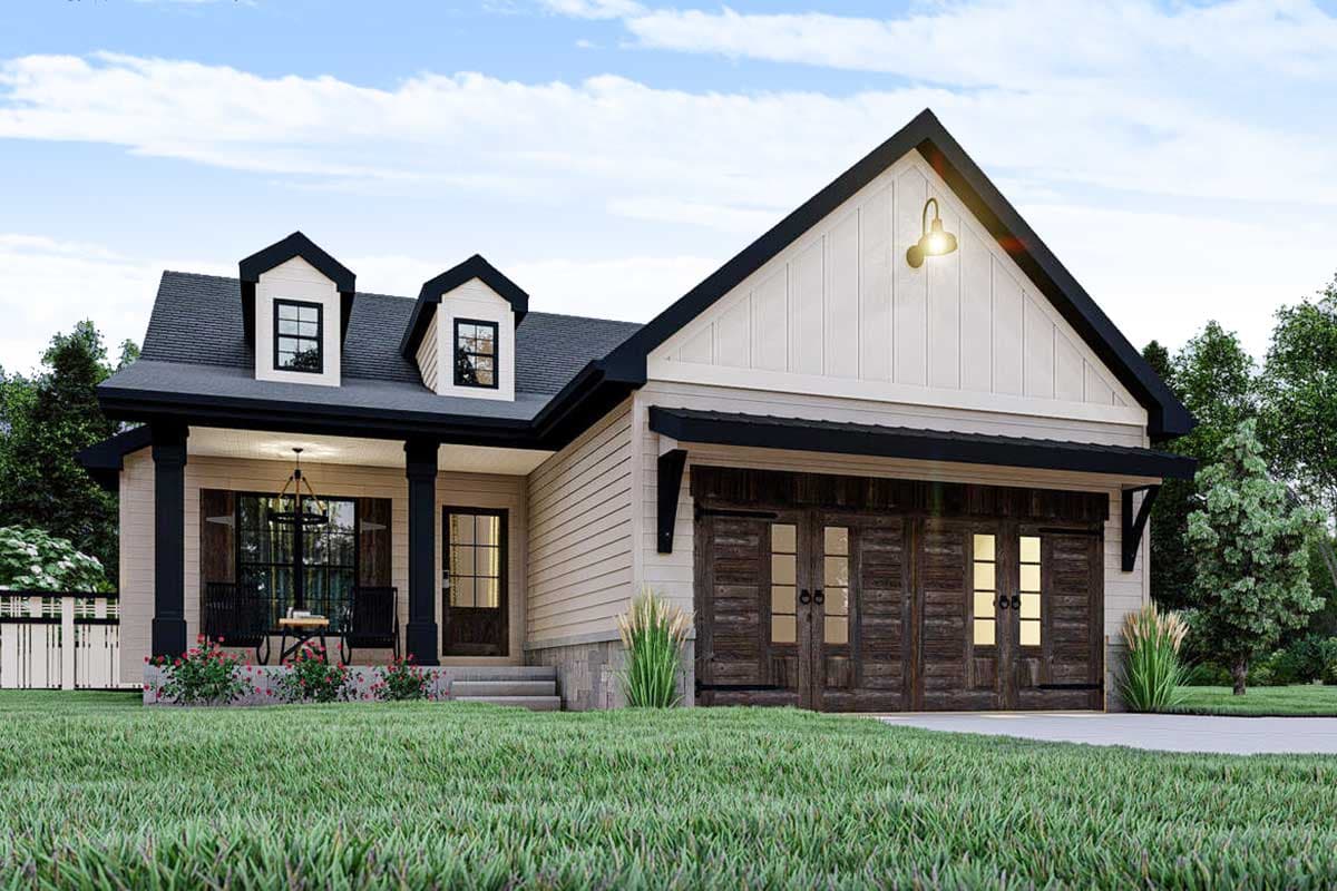 Modern Farmhouse house plan exterior with covered front porch, dormers, and double garage doors.