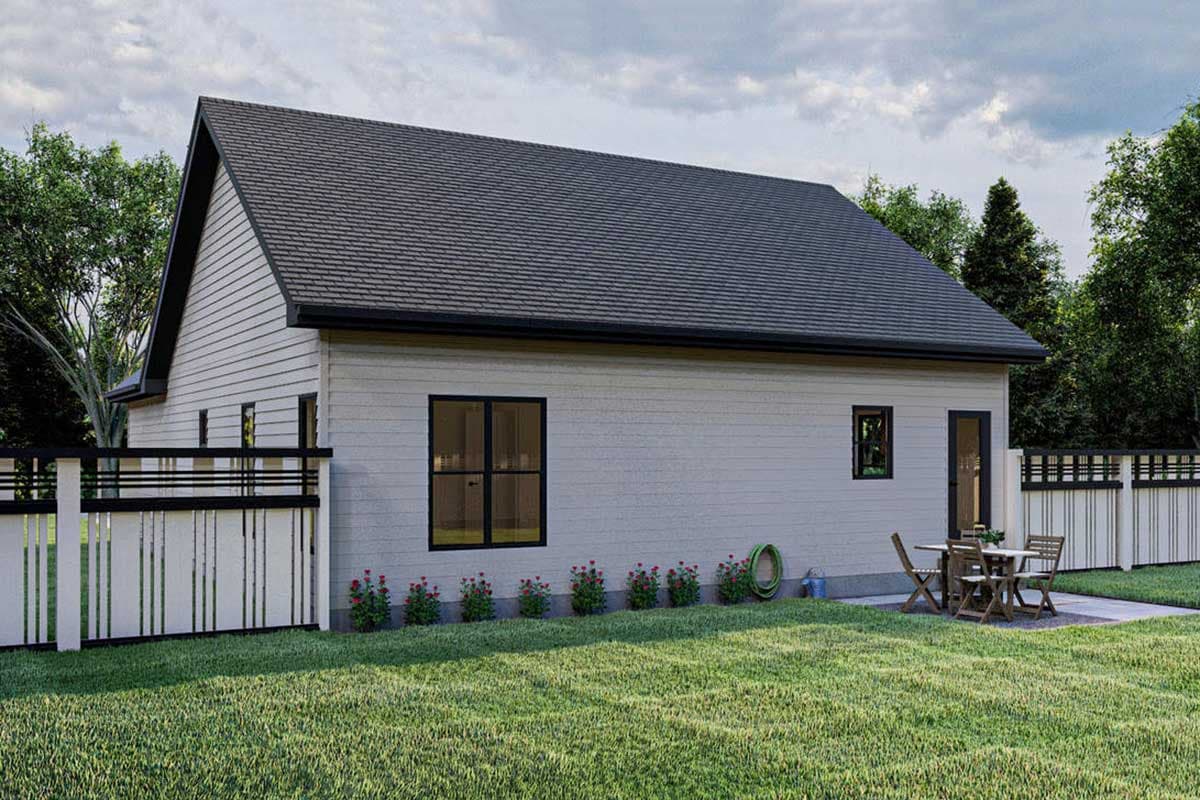 House plan exterior: one-story modern design with horizontal siding, gabled roof, and black-trimmed windows.