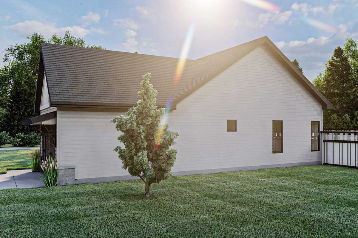 House plan exterior rendering of a modern one-story home with horizontal siding, gabled roof, and minimal windows.