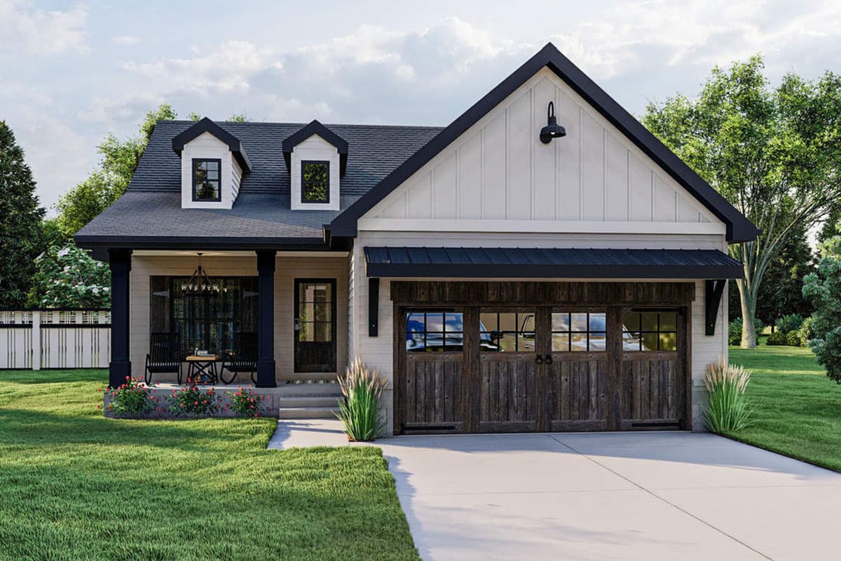 Modern Farmhouse house plan exterior with gables, dormers, covered porch, and double garage doors.