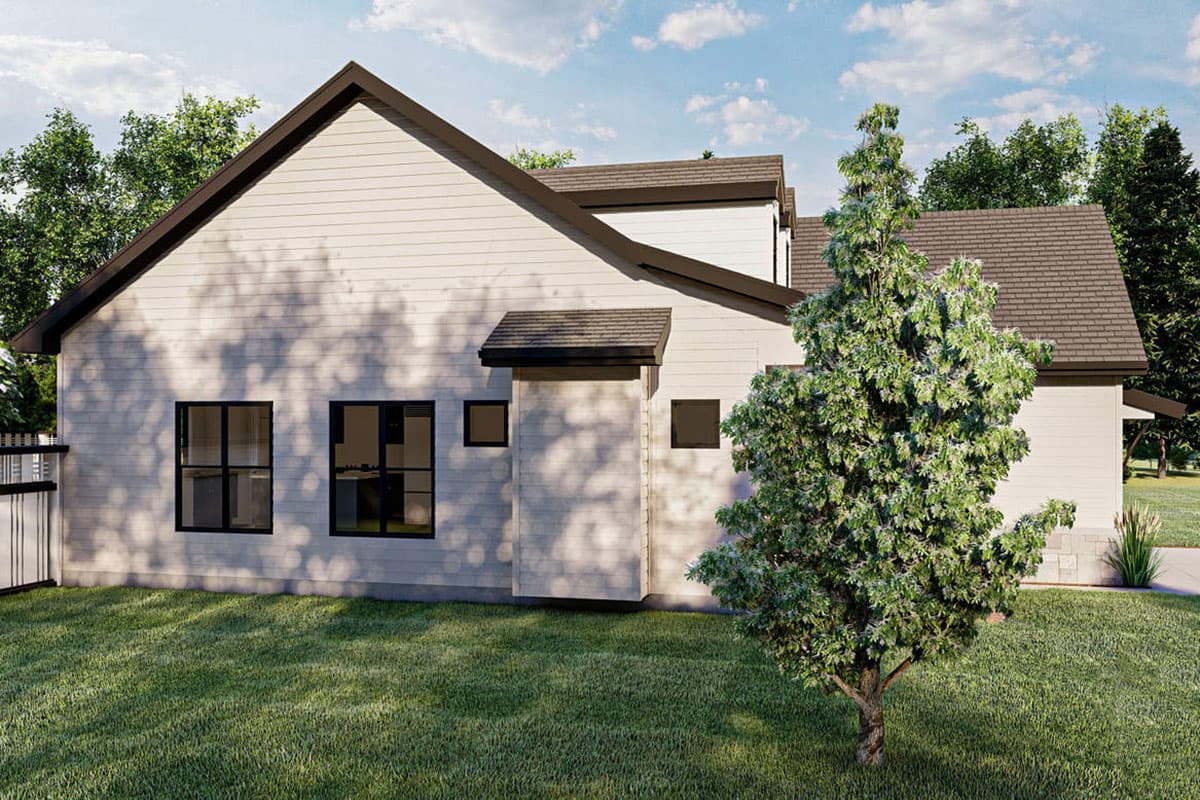 Modern house plan exterior with horizontal siding, gable roofline, and dark-framed windows.