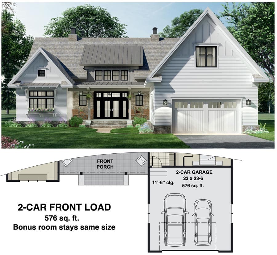 Plan 14693RK: Modest-Sized 3-Bed Modern Farmhouse Plan with Bonus Expansion - 2136 Sq Ft - Floor Plan - 2-Car Front Entry Garage Option (+$400) - Country, Craftsman, Modern Farmhouse, New American