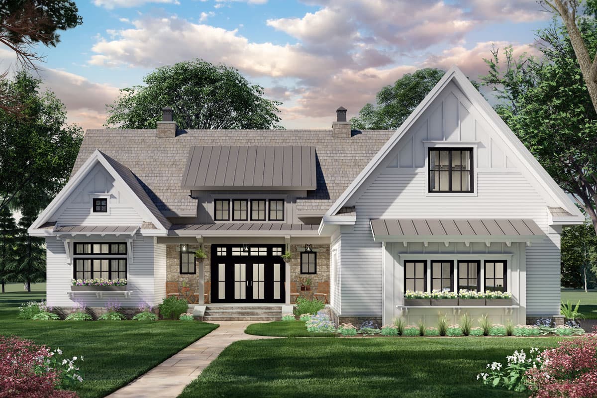 House plan exterior. Modern farmhouse style with gabled roof, metal awning, and front porch. Features include dormers and stone accents.