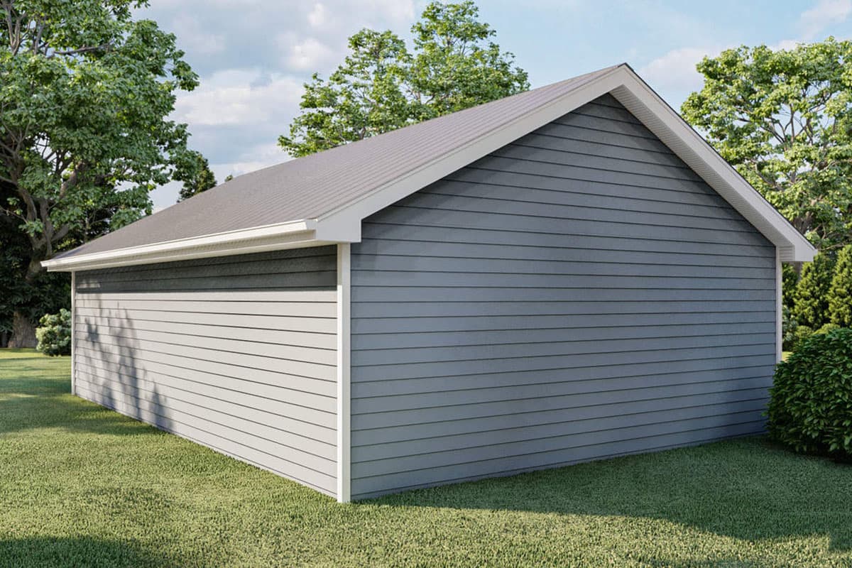 House plan exterior view of a simple gable-roof structure with horizontal siding and white trim.