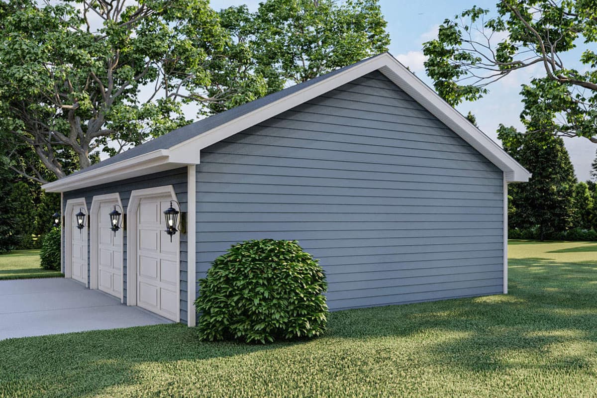 House plan exterior: 3-car garage with white paneled doors, black lanterns, and blue vinyl siding.
