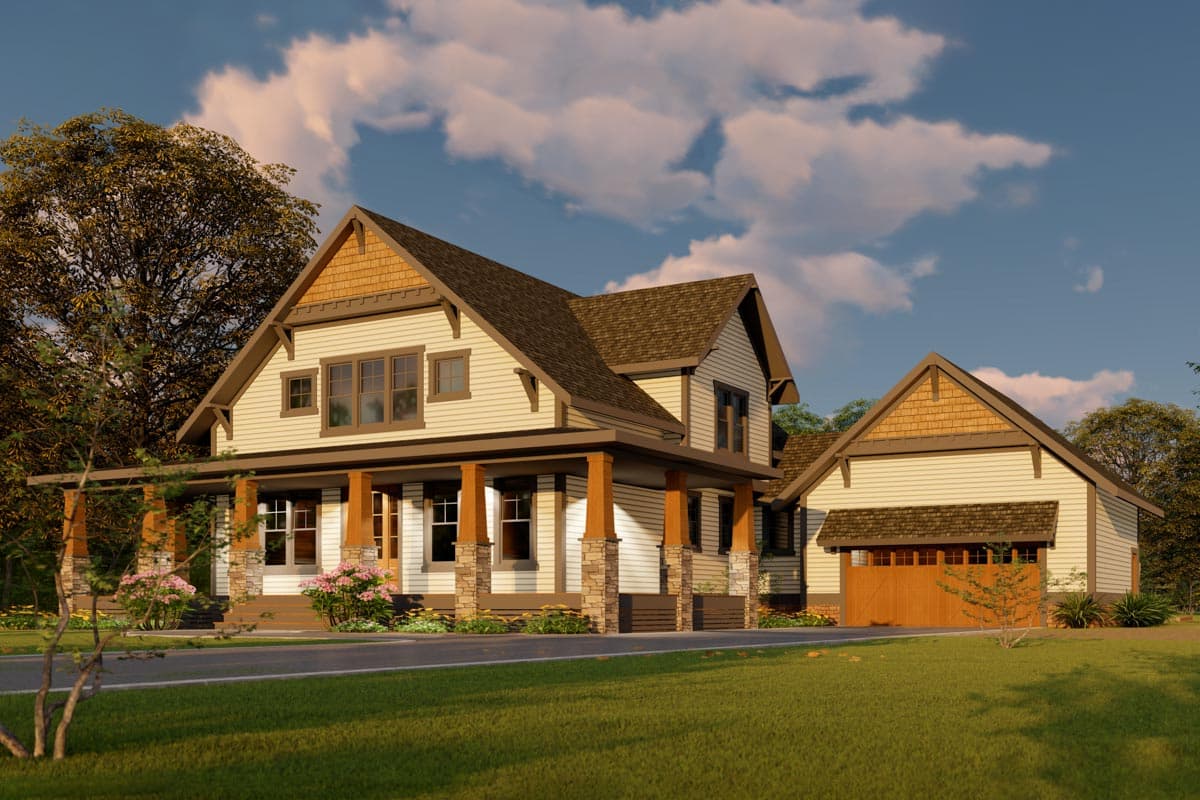 House plan exterior. Craftsman style, two-story home with covered porch, gabled roof, and attached garage. Stone and wood accents are visible.