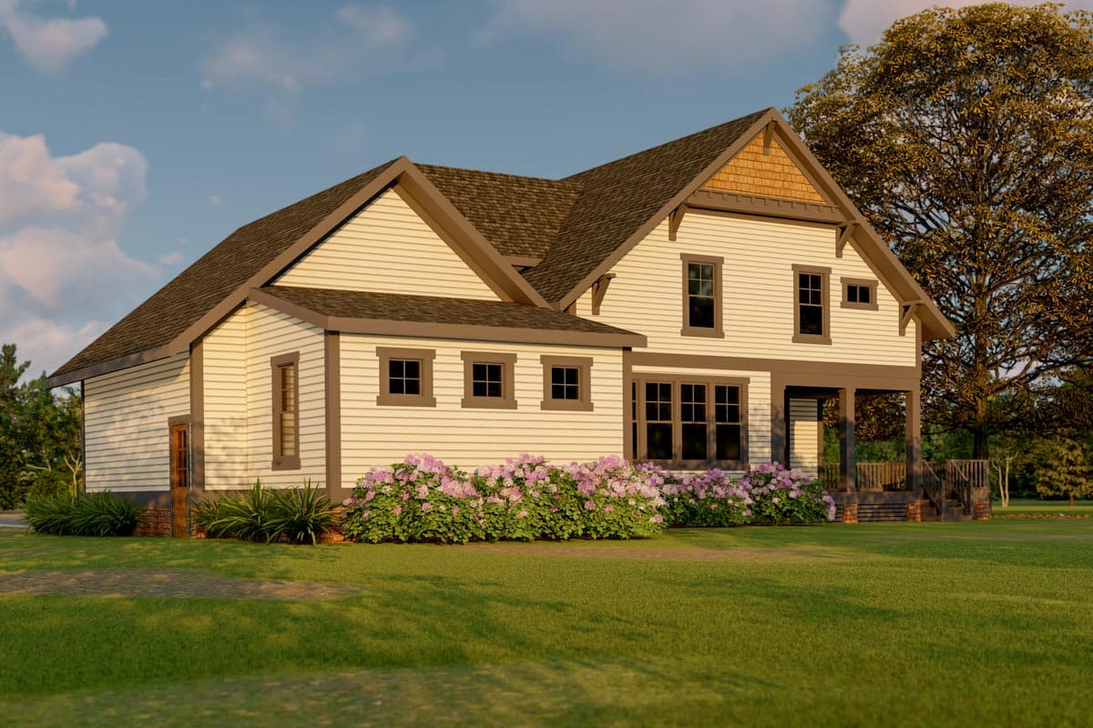 House plan exterior: Two-story home with siding, gabled dormers, and a covered front porch.