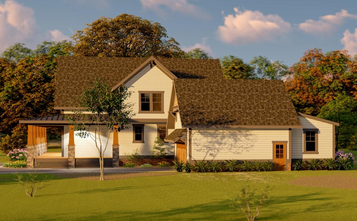 House plan exterior: Two-story home with a covered front porch featuring stone-wrapped columns, prominent gables, and an attached garage.