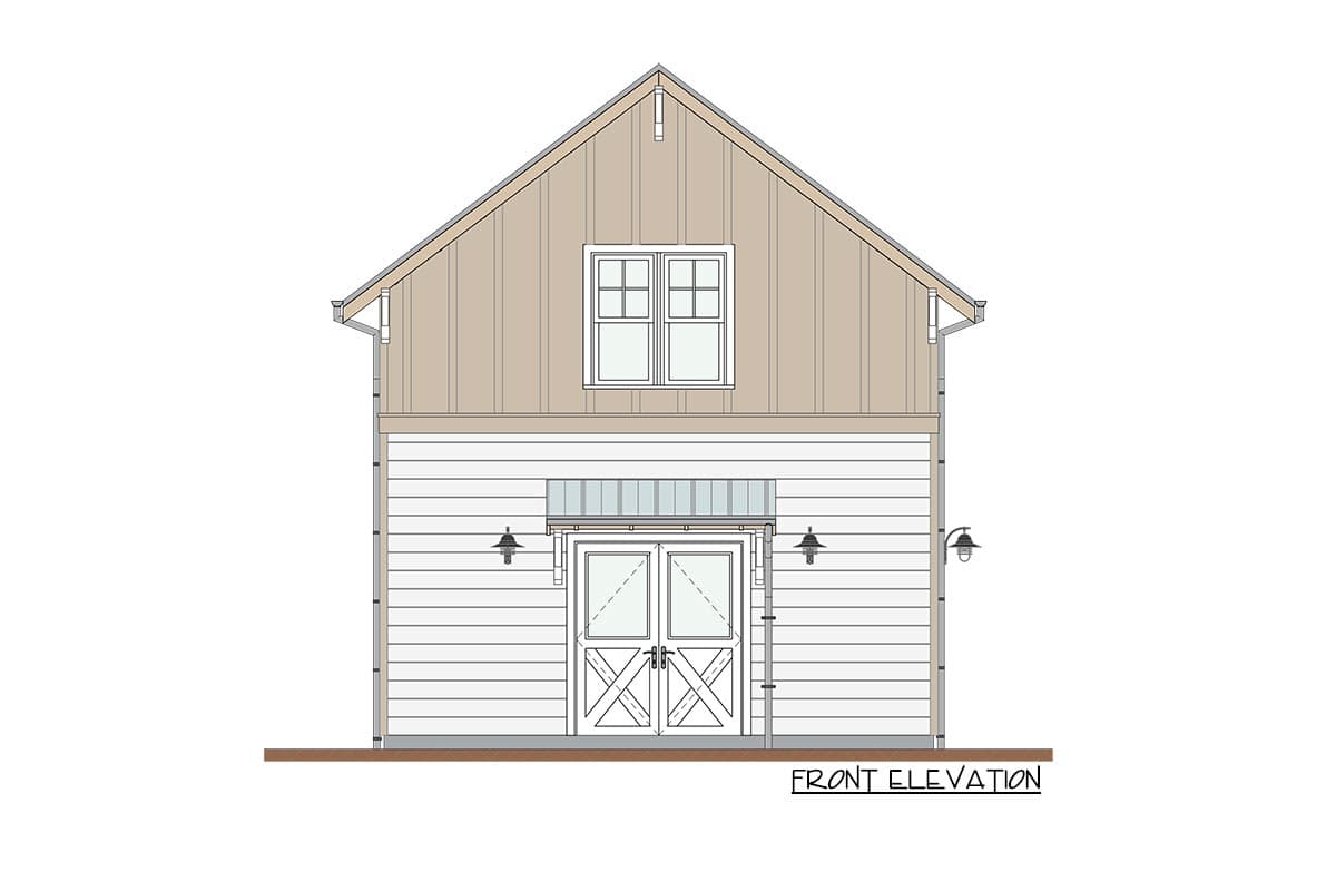 Front elevation drawing of a two-story house plan with double doors, a gable dormer, and board and batten siding.