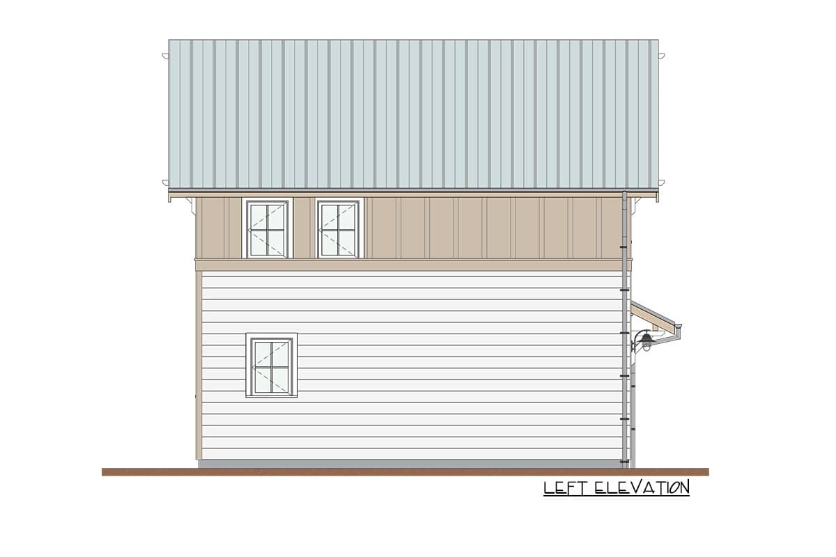 Left elevation drawing of a house plan, showing horizontal siding, two upper windows, and a standing seam metal roof.