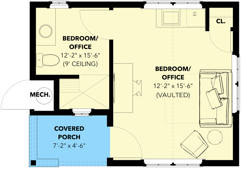 Plan 871008NST: Backyard ADU Cottage Studio or Home Office Escape - 298 Square Feet - Floor Plan - Main Level - Cabin, Cottage, Rustic, Shingle, Traditional, Vacation