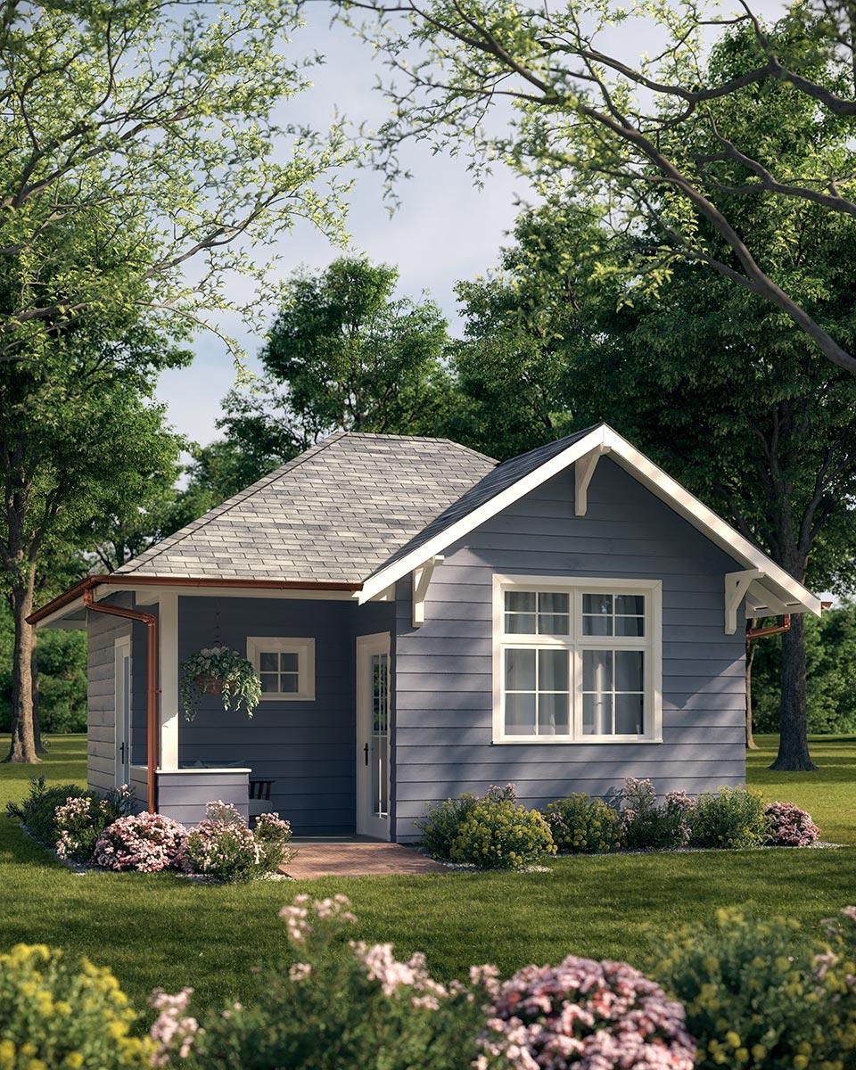 House plan exterior: Gable roof, lap siding, covered front porch, and multiple windows.
