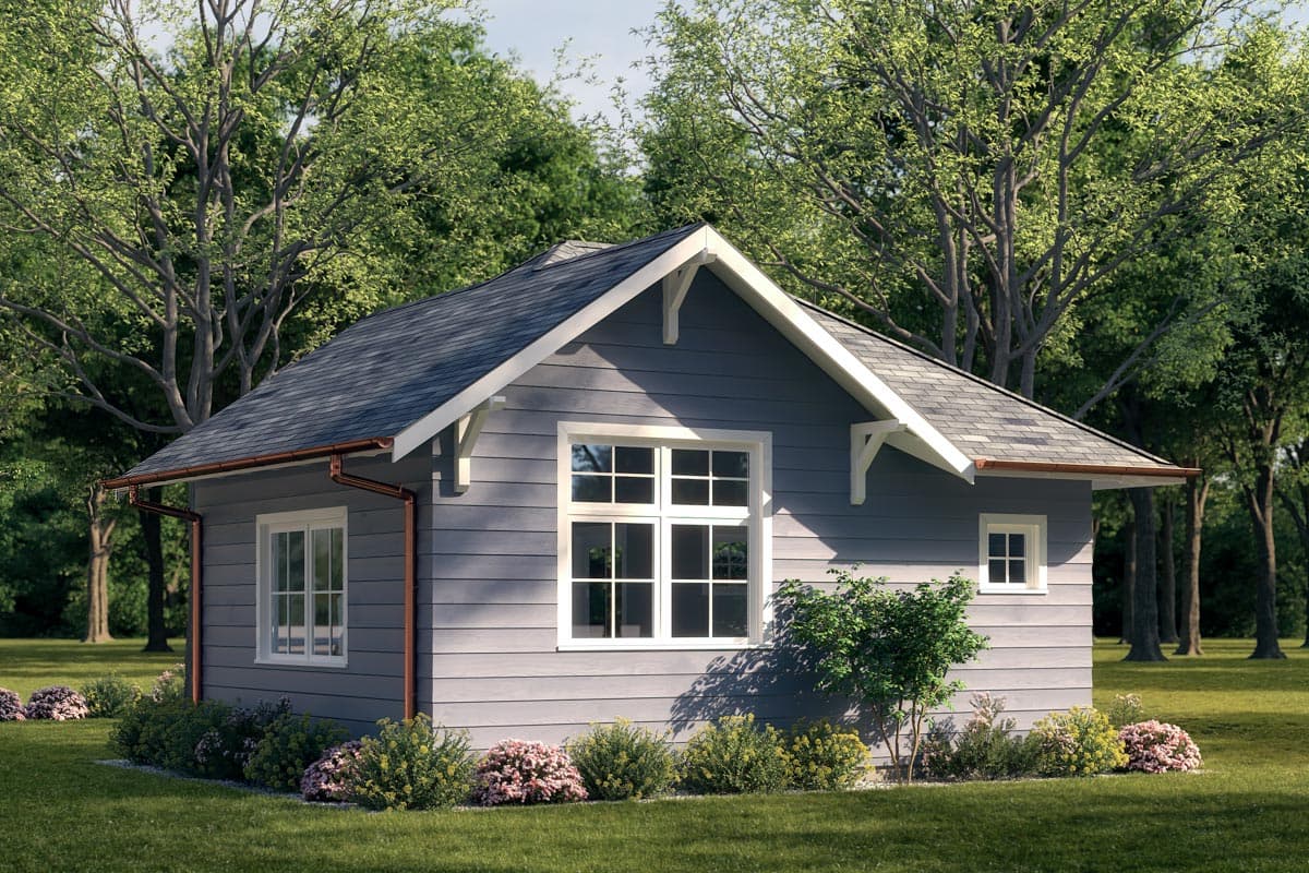House plan exterior, single story, gray siding, gable roof with decorative brackets, and white-framed windows.
