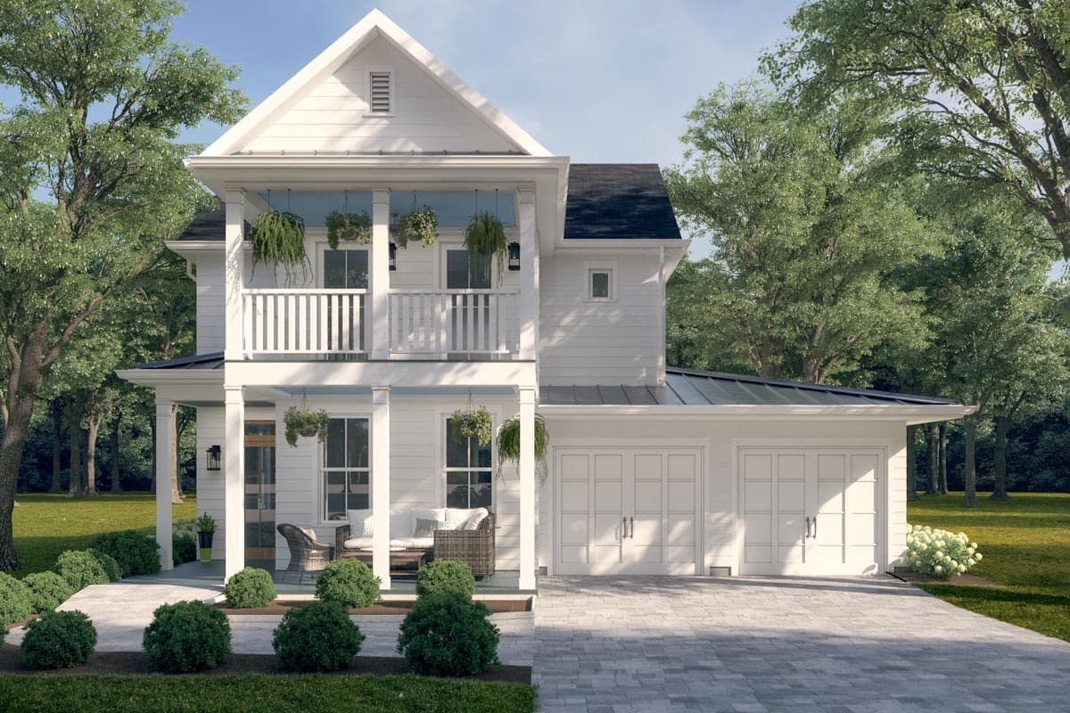 House plan exterior. Two-story farmhouse with a front porch, balcony, and attached garage with a gabled roofline.