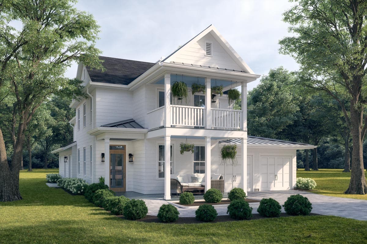 Modern Farmhouse house plan exterior with two stories, a prominent upper balcony, and a detached two-car garage.