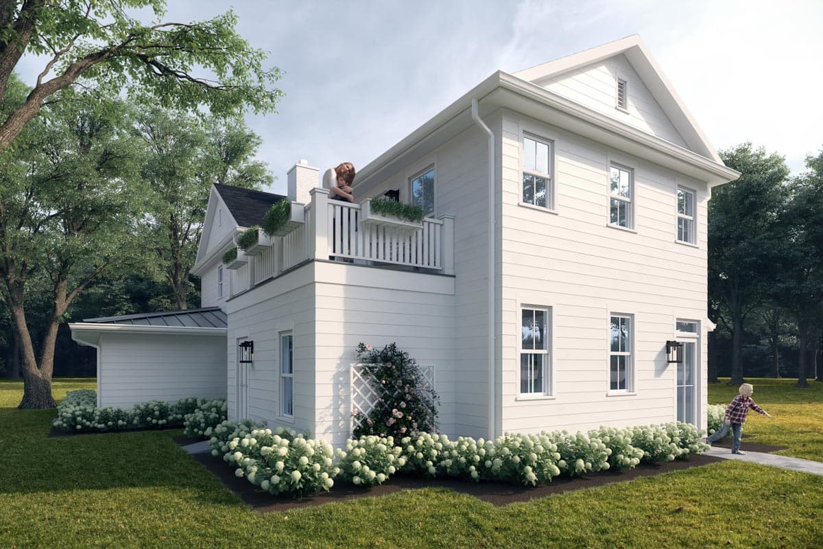 House plan exterior: two-story white clapboard home with a second-story balcony, gables, and attached garage.