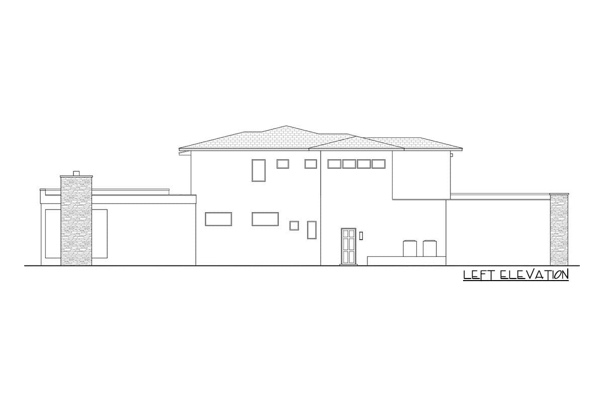Left elevation drawing of a two-story house plan with stone accents, multiple windows, and a pitched roof.