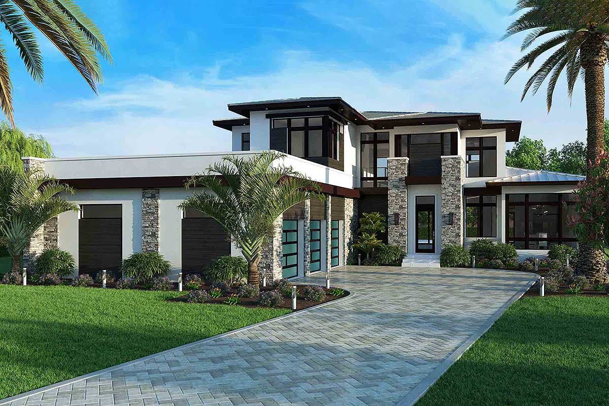 House plan exterior. Modern style, two-story home. Features include a flat roof, stone accents, glass garage doors, and a paver driveway.